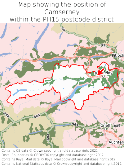 Map showing location of Camserney within PH15