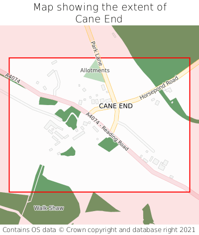 Map showing extent of Cane End as bounding box