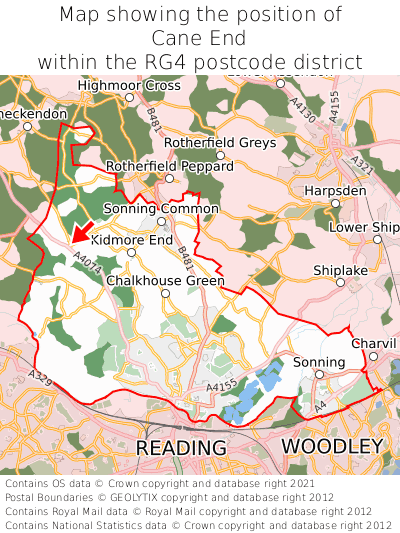 Map showing location of Cane End within RG4