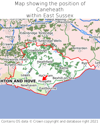 Map showing location of Caneheath within East Sussex