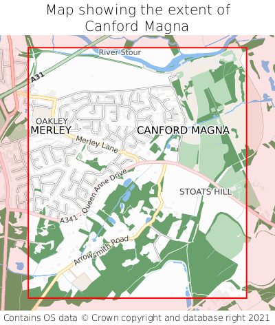 Map showing extent of Canford Magna as bounding box