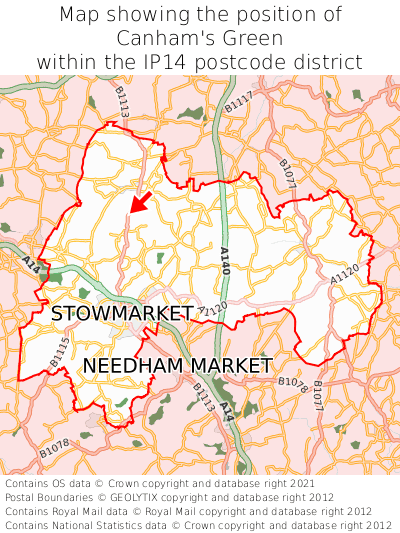Map showing location of Canham's Green within IP14