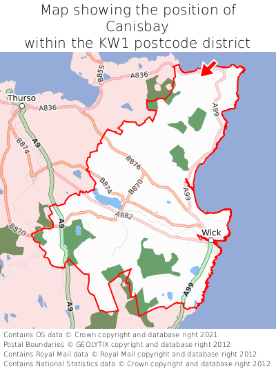 Map showing location of Canisbay within KW1