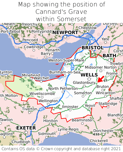 Map showing location of Cannard's Grave within Somerset