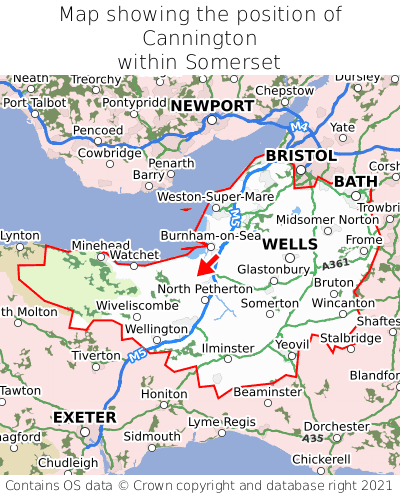 Map showing location of Cannington within Somerset