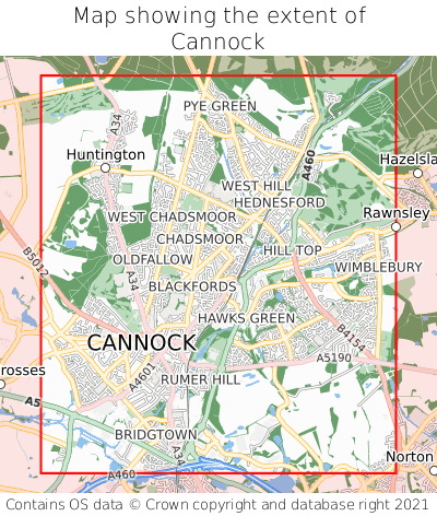 Map showing extent of Cannock as bounding box