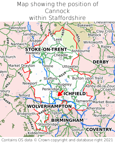 Map showing location of Cannock within Staffordshire