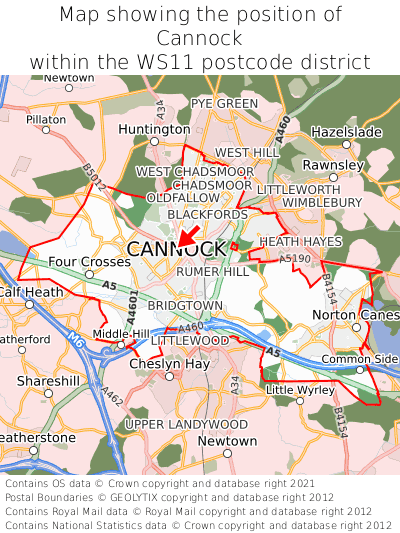 Map showing location of Cannock within WS11