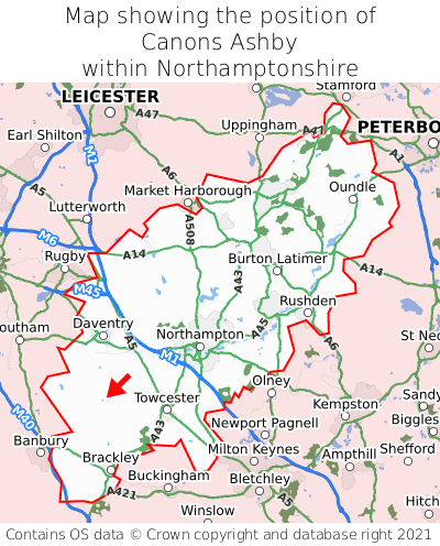 Map showing location of Canons Ashby within Northamptonshire