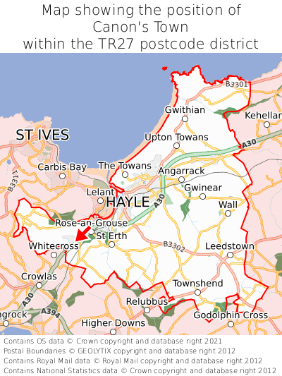 Map showing location of Canon's Town within TR27