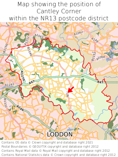 Map showing location of Cantley Corner within NR13