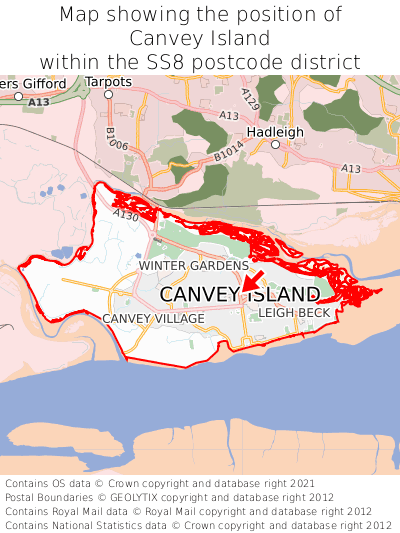 Map showing location of Canvey Island within SS8