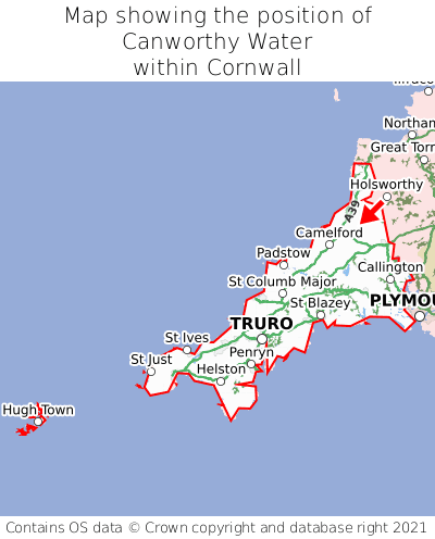 Map showing location of Canworthy Water within Cornwall