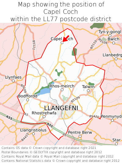 Map showing location of Capel Coch within LL77