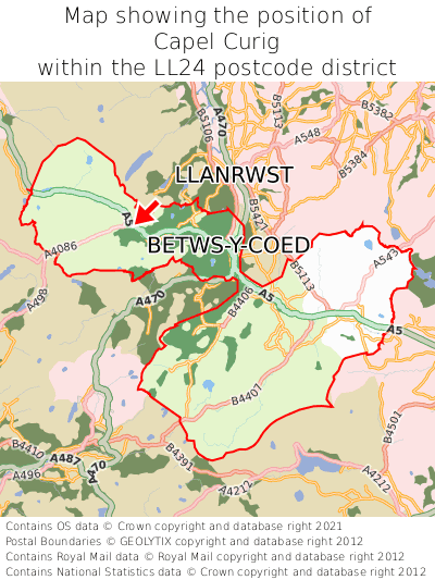 Map showing location of Capel Curig within LL24