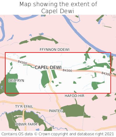 Map showing extent of Capel Dewi as bounding box