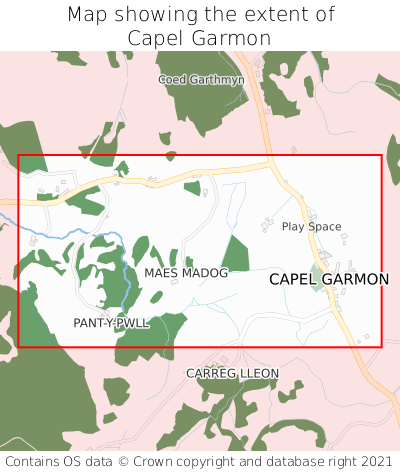 Map showing extent of Capel Garmon as bounding box