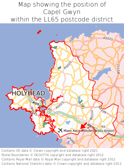 Map showing location of Capel Gwyn within LL65