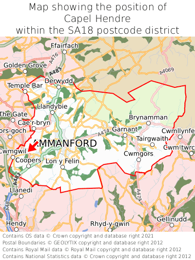 Map showing location of Capel Hendre within SA18
