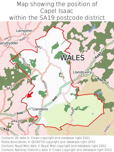 Map showing location of Capel Isaac within SA19