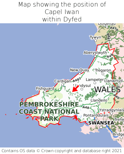 Map showing location of Capel Iwan within Dyfed