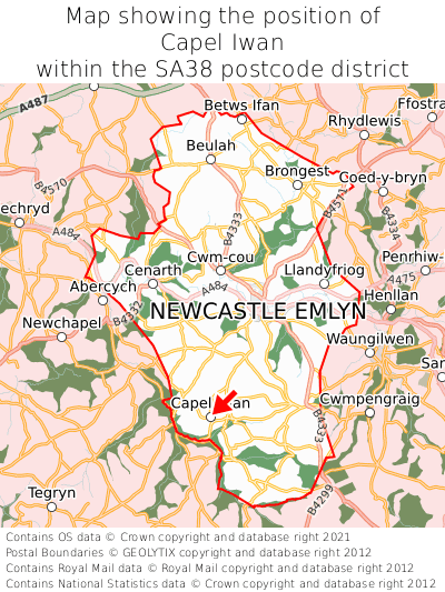 Map showing location of Capel Iwan within SA38
