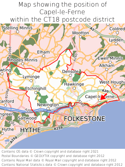 Map showing location of Capel-le-Ferne within CT18
