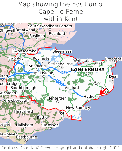 Map showing location of Capel-le-Ferne within Kent