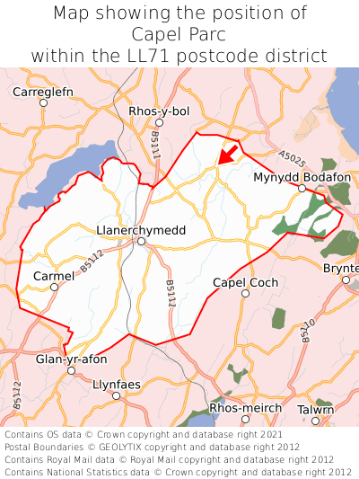 Map showing location of Capel Parc within LL71