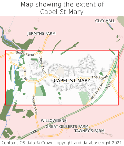 Map showing extent of Capel St Mary as bounding box