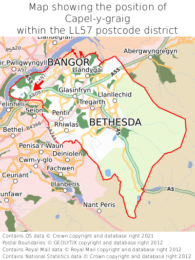 Map showing location of Capel-y-graig within LL57