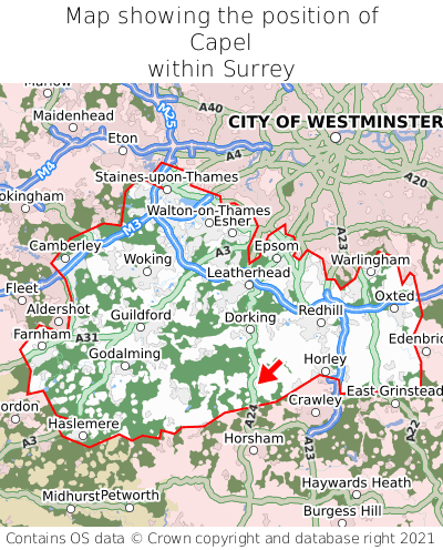 Map showing location of Capel within Surrey