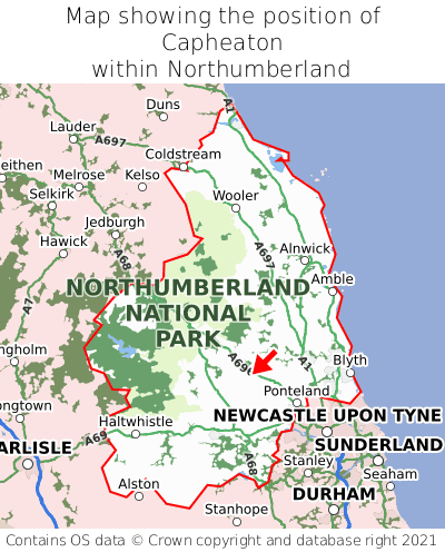 Map showing location of Capheaton within Northumberland