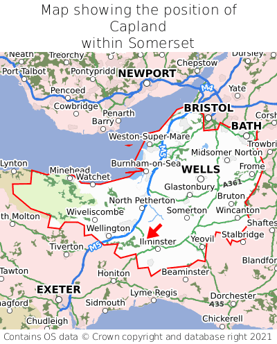 Map showing location of Capland within Somerset