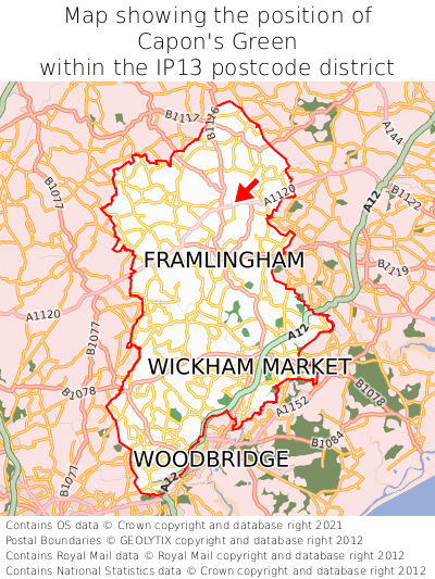 Map showing location of Capon's Green within IP13