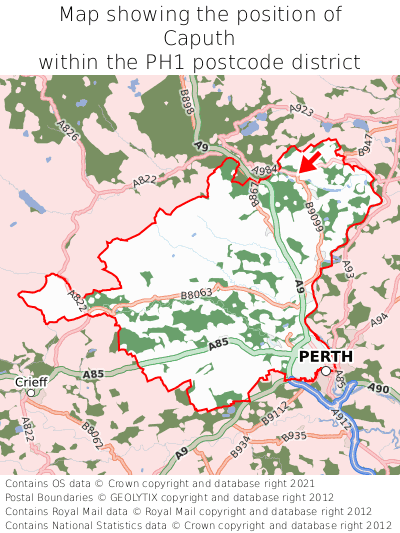 Map showing location of Caputh within PH1