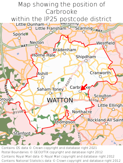 Map showing location of Carbrooke within IP25