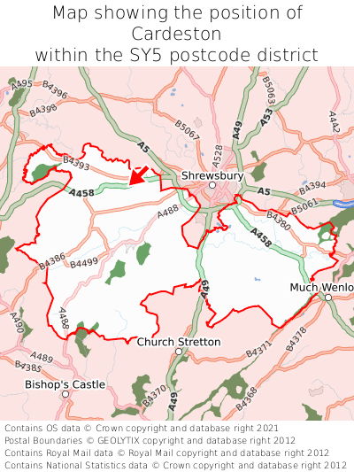 Map showing location of Cardeston within SY5