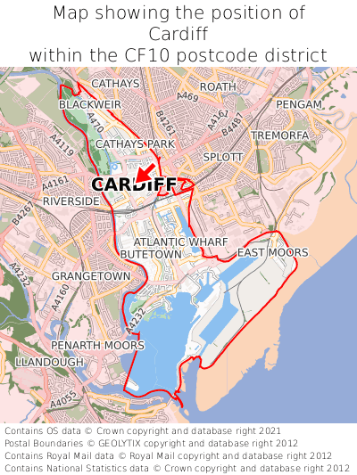Map showing location of Cardiff within CF10