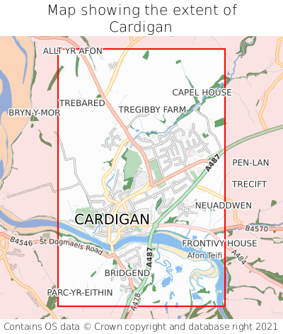 Map showing extent of Cardigan as bounding box