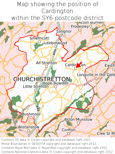 Map showing location of Cardington within SY6
