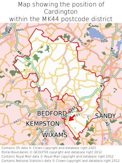 Map showing location of Cardington within MK44