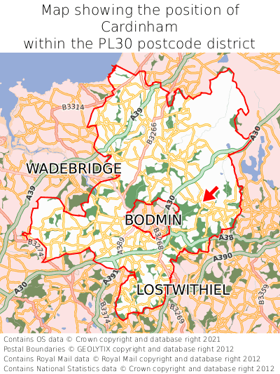 Map showing location of Cardinham within PL30