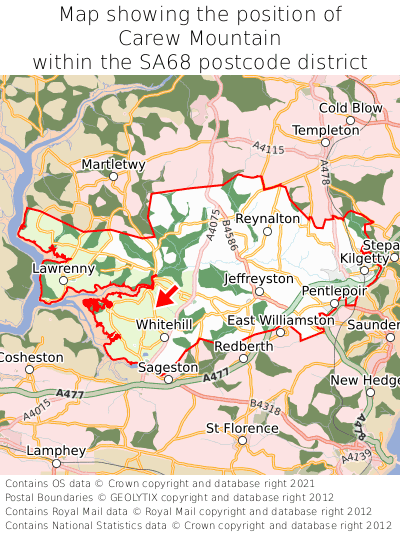 Map showing location of Carew Mountain within SA68