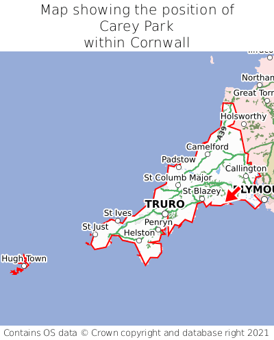 Map showing location of Carey Park within Cornwall