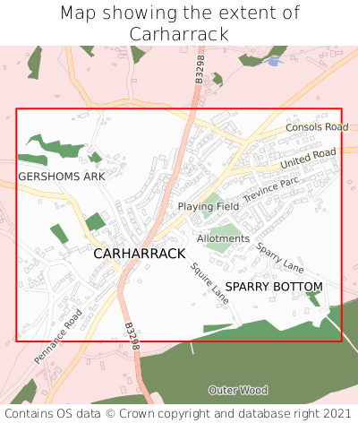 Map showing extent of Carharrack as bounding box