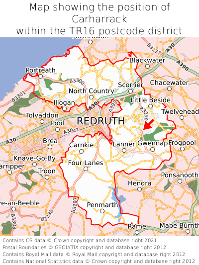 Map showing location of Carharrack within TR16