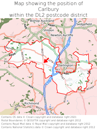 Map showing location of Carlbury within DL2