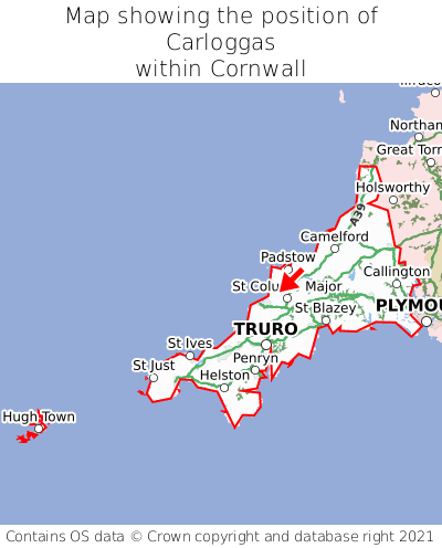 Map showing location of Carloggas within Cornwall