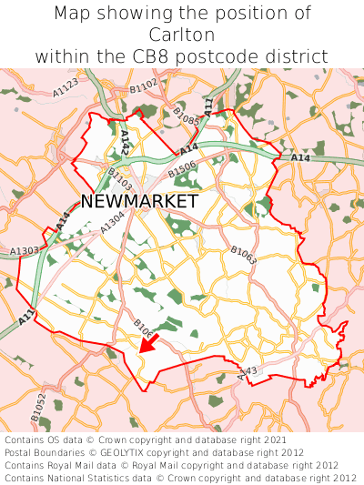 Map showing location of Carlton within CB8